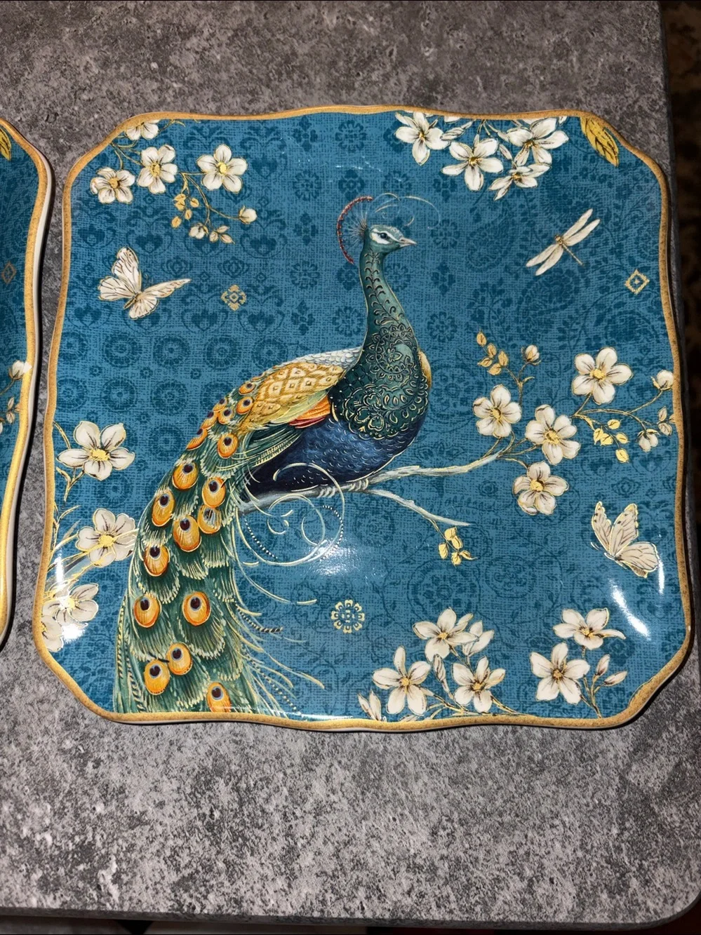 Certified International Exotic Garden Peacock Square Salad Plate 2 Plate Set EUC